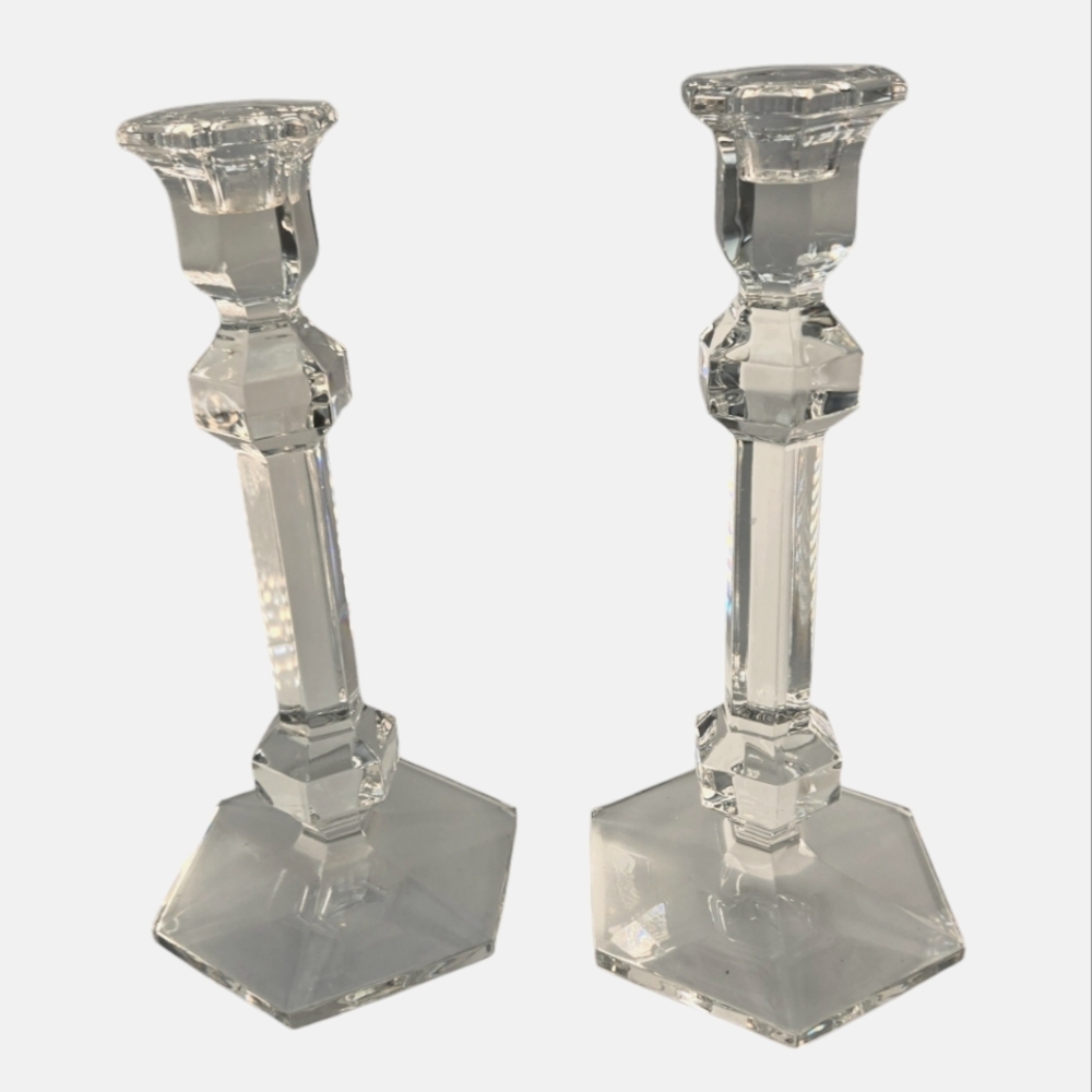 Vintage Val St Lambert Belgian Crystal Taper Candlestick Holder Pair Gardenia